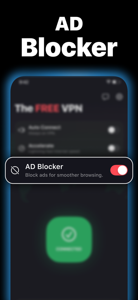 The Free VPN ™ - Interface do aplicativo The Free VPN mostrando o botão de alternância do bloqueador de anúncios ativado para uma navegação mais suave
