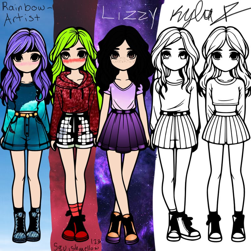 group of 6 realistic girls in a row