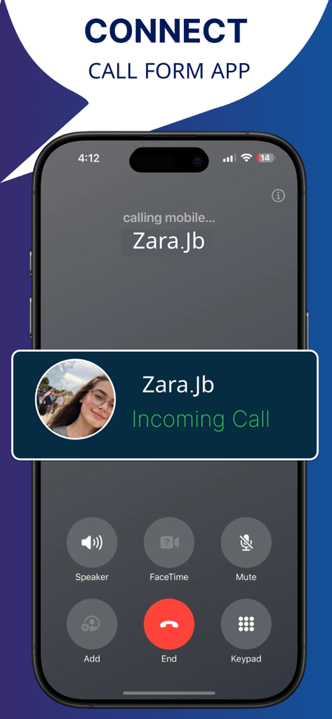 Caller ID Phone + - 사진과 이름 등 상세한 발신자 프로필 오버레이가 표시된 수신 통화 화면
