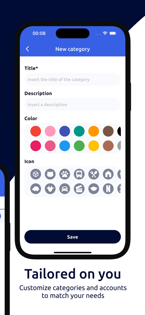 Moneye - Money Manager - Creating a new custom category with color and icon options in the Moneye app