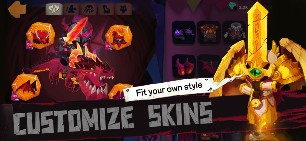 Solo Knight mobile game screen showing character skin customization options with a dragon rider and golden knight