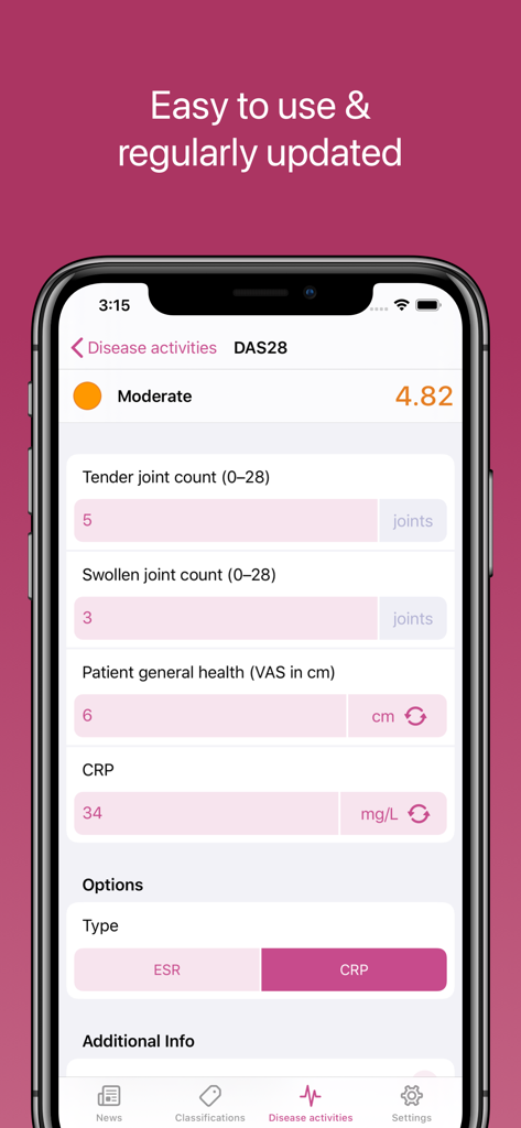 RheumaHelper mobile app showing a DAS28 disease activity score calculator interface