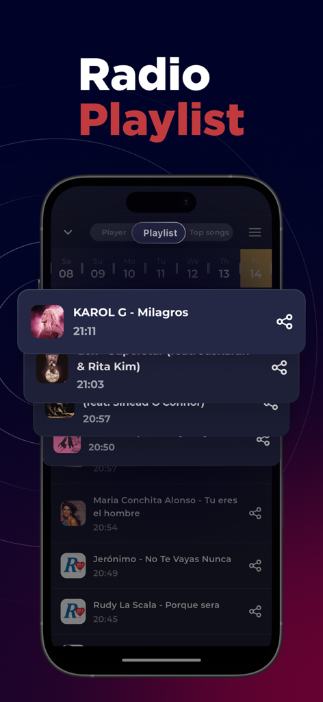 Radio Ecuador Live FM & AM - Smartphone screen showing the Radio Ecuador app playlist history with recently played songs and timestamps