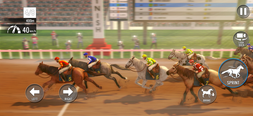 My Stable Horse Racing Games - Un groupe de jockeys s'affrontant dans une course de chevaux sur une piste en terre battue avec des commandes de jeu à l'écran.