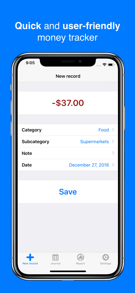 Filki app interface for quick manual expense entry on an iPhone