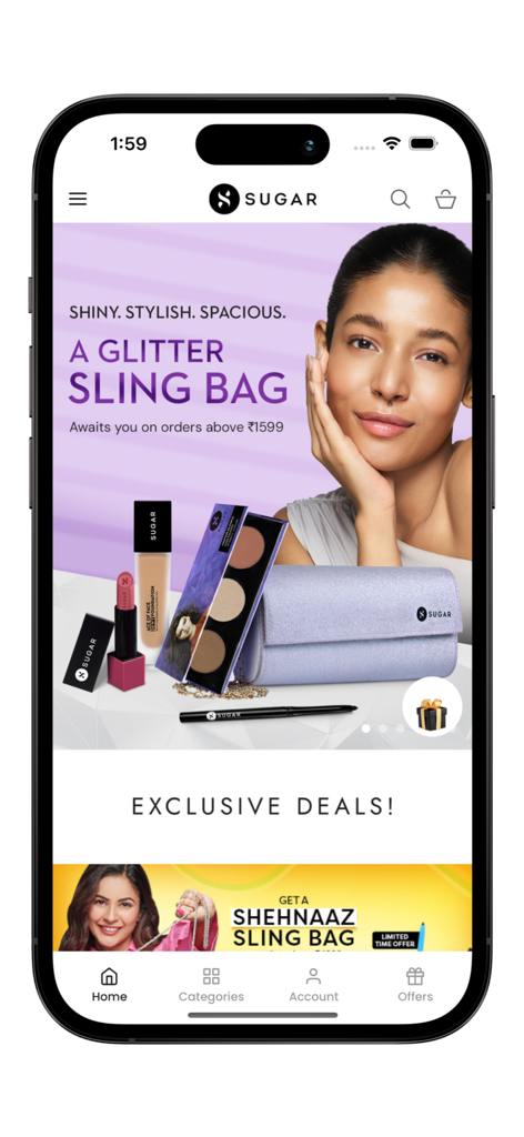 SUGAR Cosmetics - SUGAR Cosmetics mobile app home screen featuring promotional banners for makeup products and exclusive rewards like a glitter sling bag.