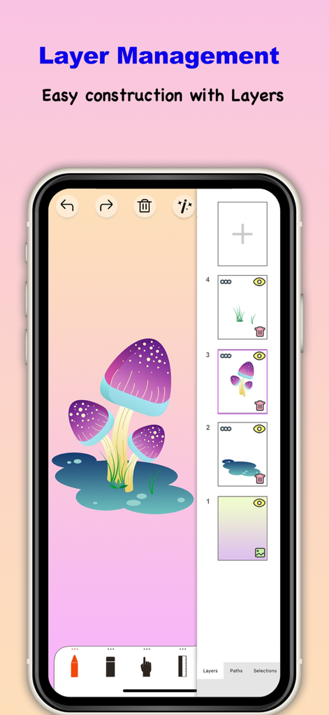 Interface of Sketch Tree Pro app showing layer management features and a digital illustration of mushrooms