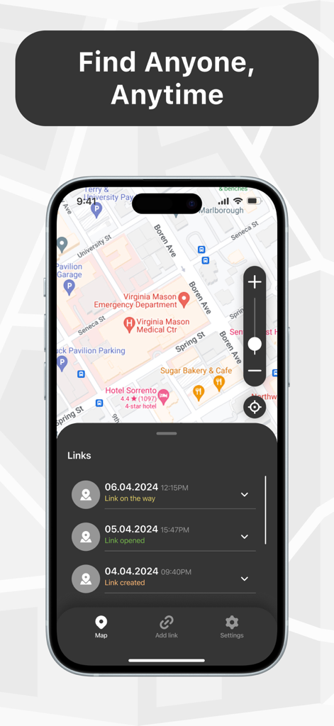 Phone Tracker - GPS Location. - 실시간 GPS 지도와 공유된 위치 링크 목록을 보여주는 휴대폰 추적기 앱 인터페이스