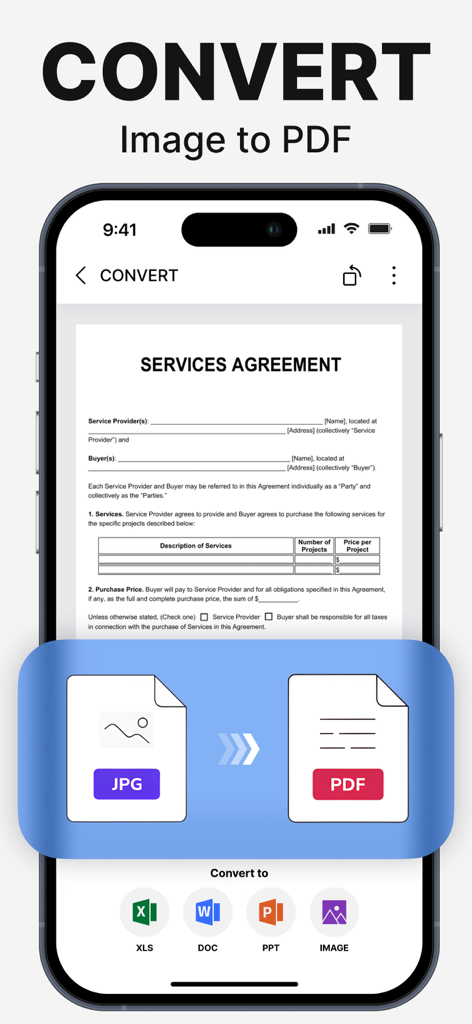 PDF Scanner App: Docs Scan - Interfaz de la App Escáner PDF mostrando la conversión de una imagen JPG a un documento PDF en un iPhone.