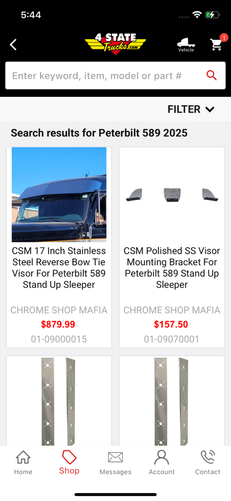 4 State Trucks - Search results for Peterbilt 589 truck parts in the 4 State Trucks mobile app featuring chrome visors and brackets.