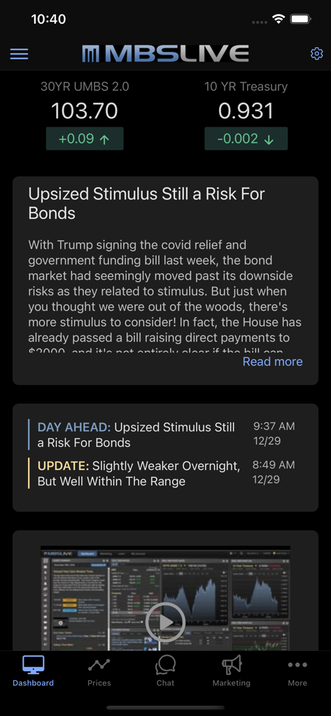 MBS Live - MBS Live app interface showing live mortgage data and bond market news updates