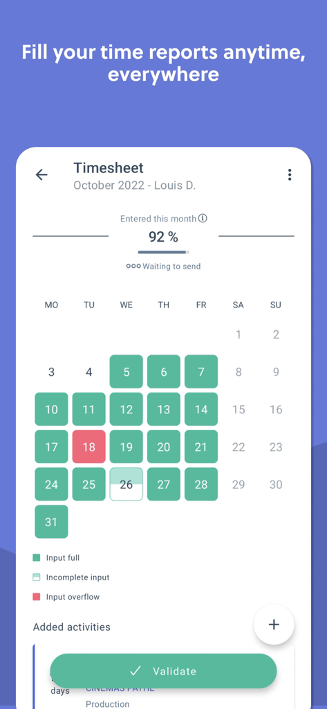 BoondManager 타임시트 달력 및 월간 보고서 진행 상황의 모바일 보기