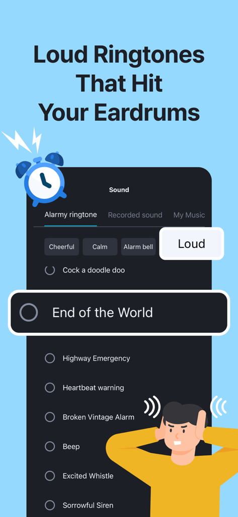 Alarmy - Loud alarm clock - Benutzeroberfläche der Alarmy-App mit einer Vielzahl von lauten Klingelton-Optionen für Tiefschläfer.