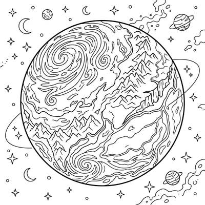 Embark on an intergalactic journey with this exciting Super-Earth exoplanet coloring page, designed especially for young space enthusiasts. Discover a world of swirling clouds and towering mountains, ready for your creative touch.