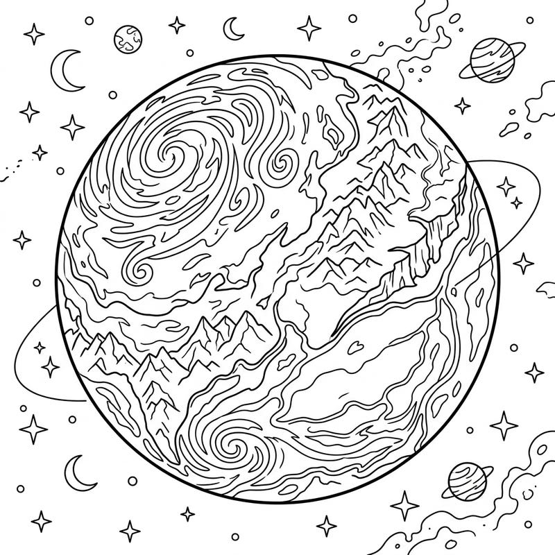 Embark on an intergalactic journey with this exciting Super-Earth exoplanet coloring page, designed especially for young space enthusiasts. Discover a world of swirling clouds and towering mountains, ready for your creative touch.