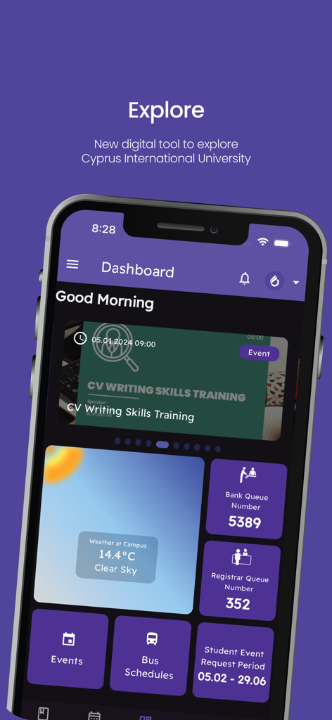 CIU Mobile student dashboard displaying campus weather, bus schedules, and queue numbers.