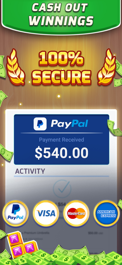 Block Puzzle: Win & CashOut - Block Puzzle game screen showing cash out winnings with a five hundred forty dollar PayPal payment and secure checkout options including Visa and Mastercard