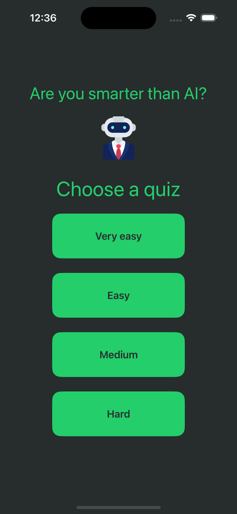 Are you SMARTER than an AI? - Main menu of Are you SMARTER than an AI quiz app showing difficulty selection buttons from very easy to hard