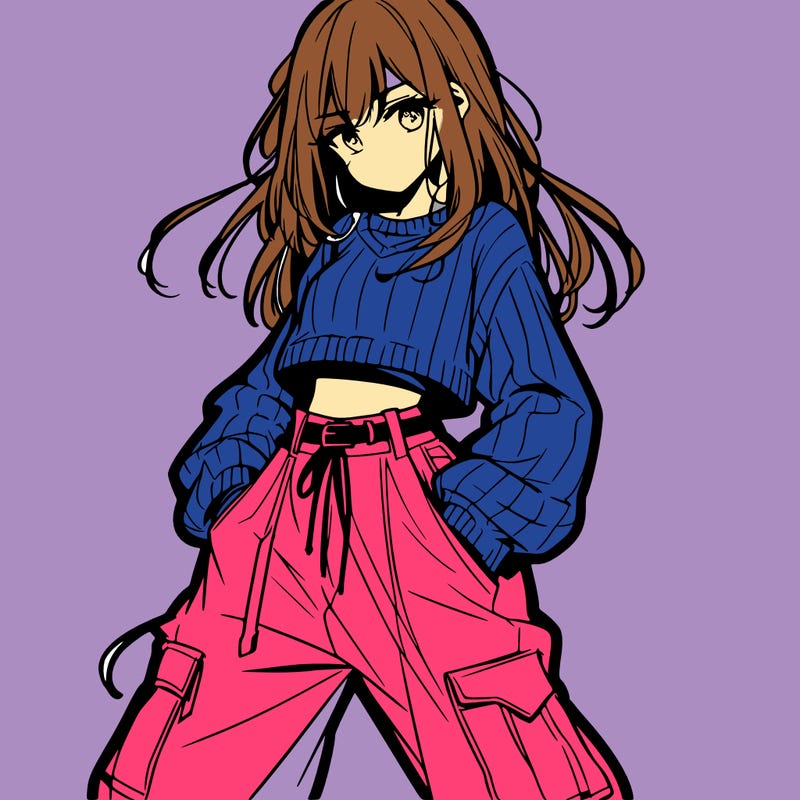 anime teen girl with baggy pants and crop top with sweater