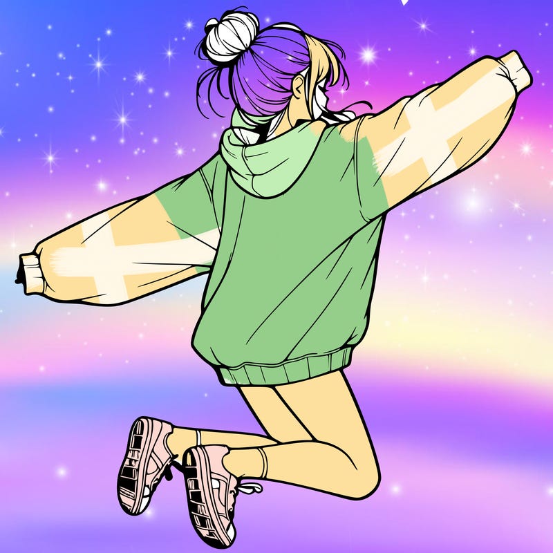 realistic girl jumping with a bun and oversized sweatshirt