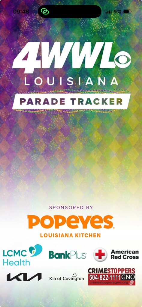 WWL Parade Tracker splash screen with Mardi Gras colors and sponsor logos