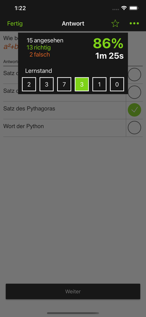 BRAINYOO Flash Cards Learning - Aplicativo móvel BRAINYOO mostrando resultados de questionários de flashcards e estatísticas de progresso de aprendizado