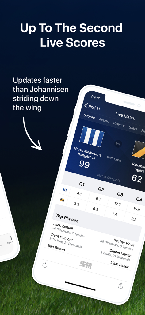 Footy Live: AFL Scores & Stats - Interfaz de la aplicación Footy Live mostrando marcadores en vivo de la AFL y estadísticas de jugadores