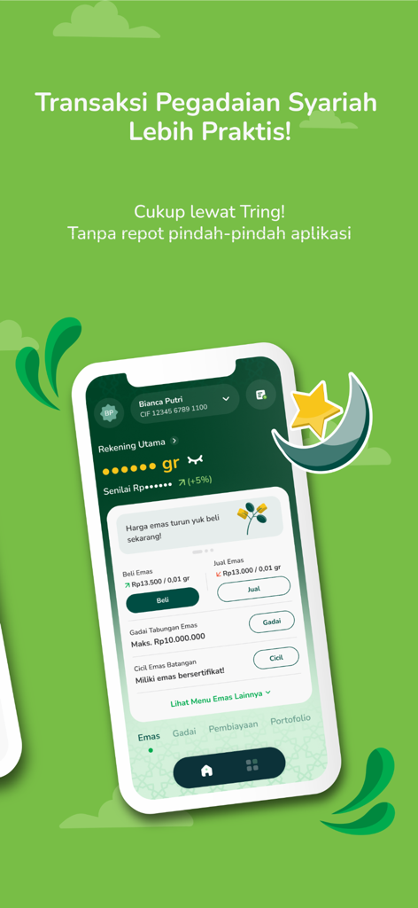 Interface de l'application mobile Tring! by Pegadaian affichant les options d'investissement en or et de service de prêt sur gage conformes à la Charia.