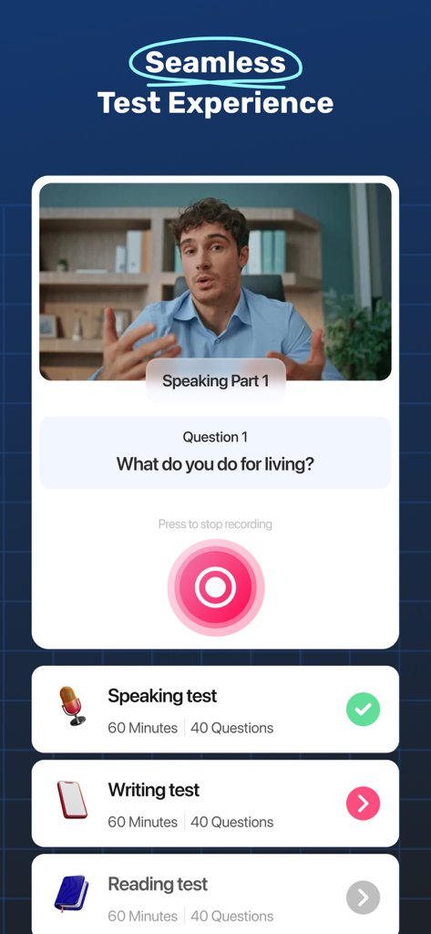 IELTS - Mock Test & AI Tutor - Mobile app interface for IELTS speaking practice and mock test modules