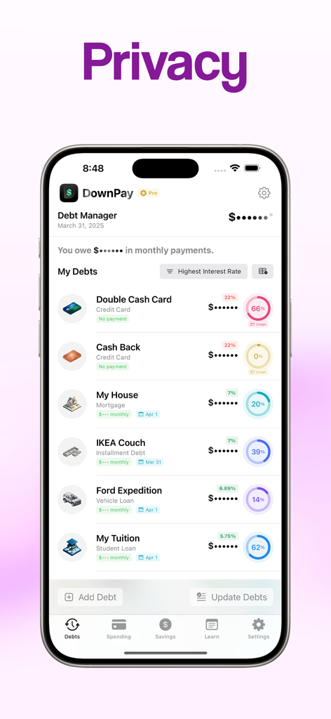 Pantalla de iPhone que muestra la interfaz del gestor de deudas de la aplicación DownPay con datos financieros enmascarados por privacidad.