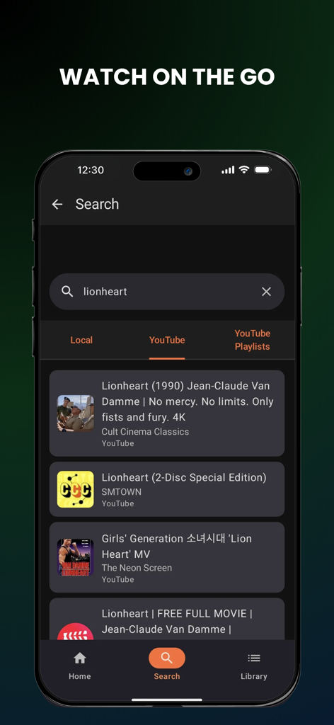 Interface de pesquisa do aplicativo FreePlay exibindo resultados de vídeo do YouTube para o filme Lionheart