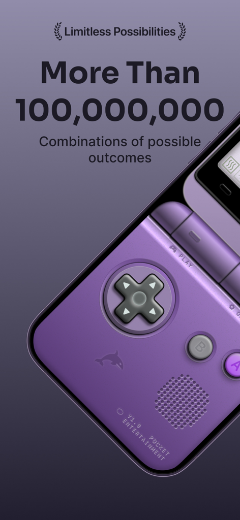 Minipaper: Wallpaper Maker - Lila Retro-Handheld-Spielkonsolen-Hintergrundbild mit Text, der Millionen von möglichen Kombinationen zeigt.