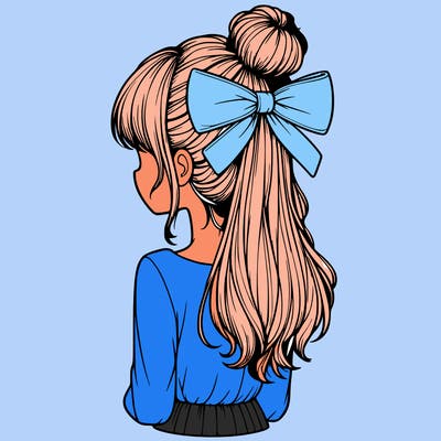realistic girl  with hip length hair a bun and a big bow on the back of head