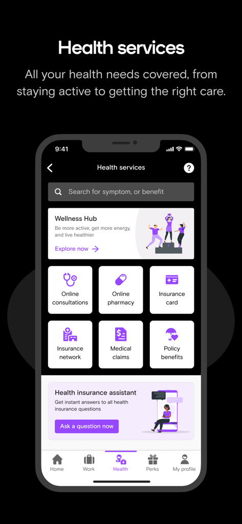 Mobile app interface of Bayzat showing health services like insurance claims wellness hub and medical consultations