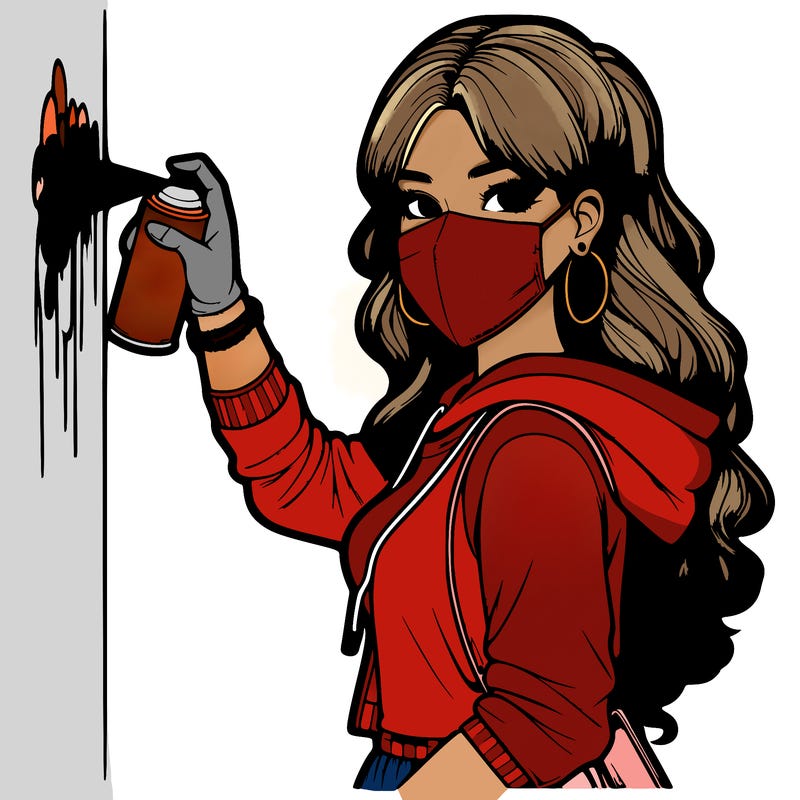 realistic girl with mask spray painting a wall