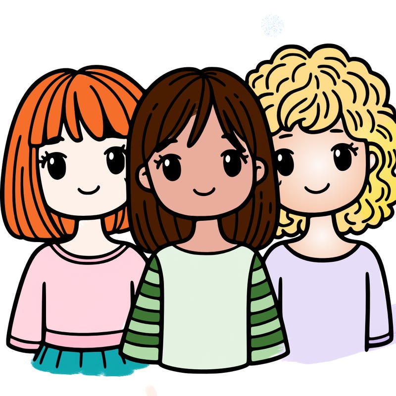 3 girls one with short and straight her and the other girls with curls