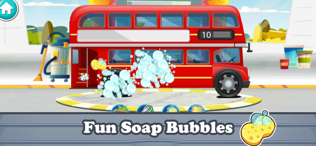 Car Wash Games: Little Carwash - Um ônibus de dois andares vermelho sendo limpo com bolhas de sabão divertidas em um jogo de lavagem de carros para crianças