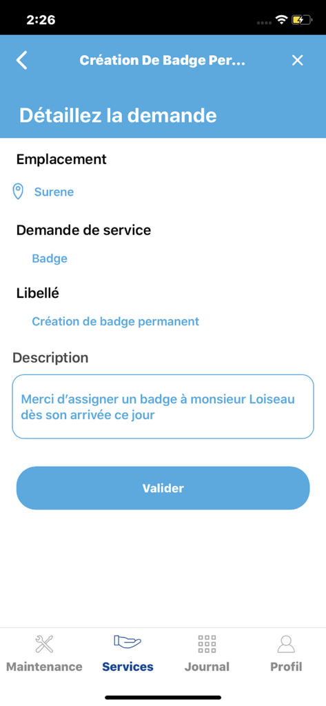 SamFM Smart Request - User interface of SamFM Smart Request app showing a badge service request form