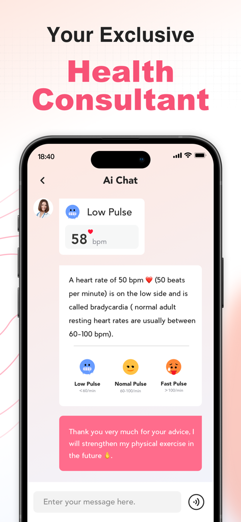 AuraFlow AI - Smart BP Tracker - Interfaz de chat de la aplicación AuraFlow AI mostrando a un asesor de salud explicando datos de baja frecuencia cardíaca