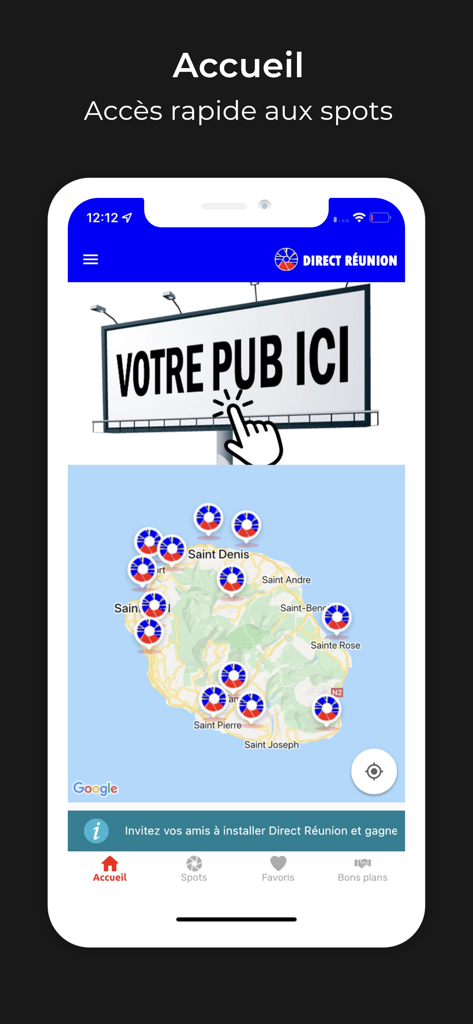 Direct Reunion - Écran d'accueil de l'application Direct Reunion affichant une carte de l'île de La Réunion avec des marqueurs de webcam interactifs