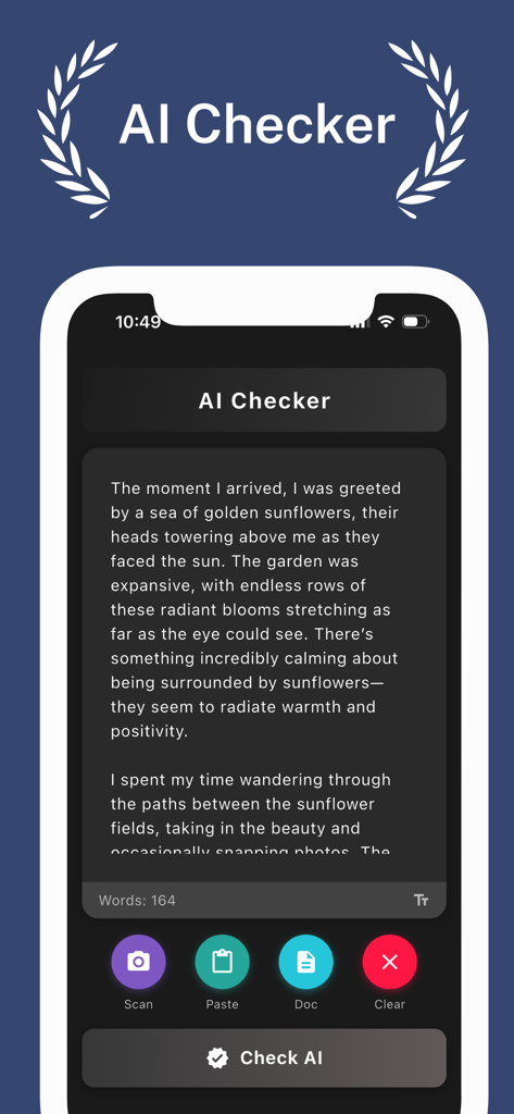 AI Checker For Students - AIチェッカー for Studentsのモバイルインターフェース。テキスト入力エリアとスキャンオプションを表示