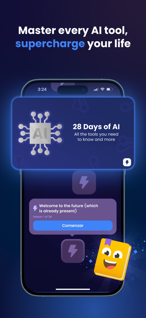 Bookster: Books in 15 Minutes - Smartphone screen displaying Bookster app AI learning challenge titled 28 Days of AI