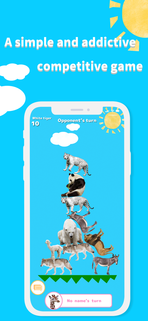 A stack of realistic animals in the Animal Tower Battle mobile game.