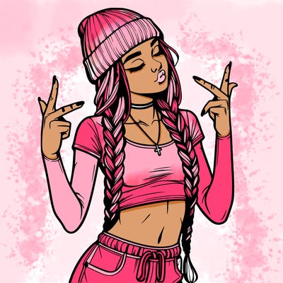 realistic teenage girl with braids and a beanie and crop top doing 🫶🏼