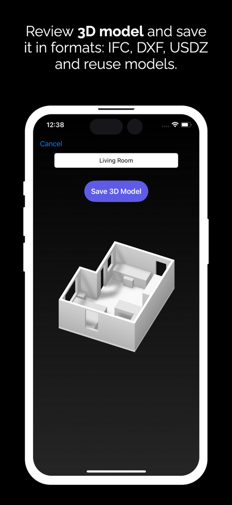 Mobile screen showing a 3D room model with options to save in IFC DXF and USDZ formats
