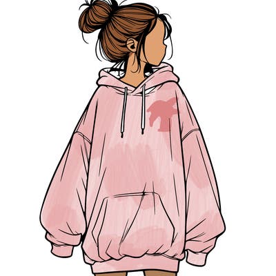 realistic girl with a oversized sweatshirt on and a bun