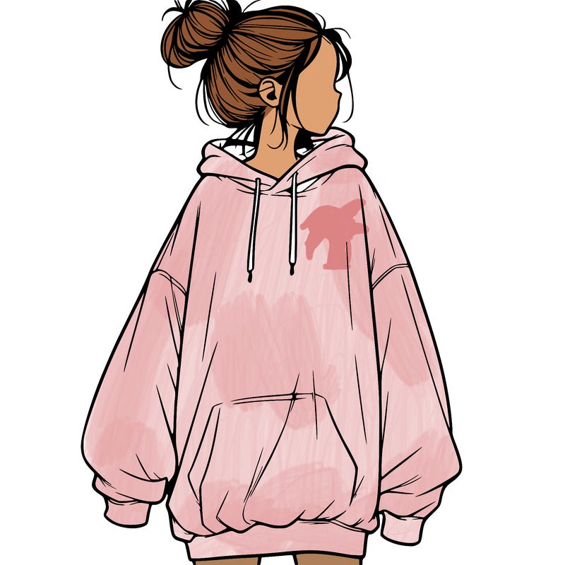 realistic girl with a oversized sweatshirt on and a bun
