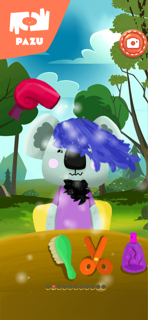 A koala character with purple hair and beard being styled in the pet hair salon app for toddlers.