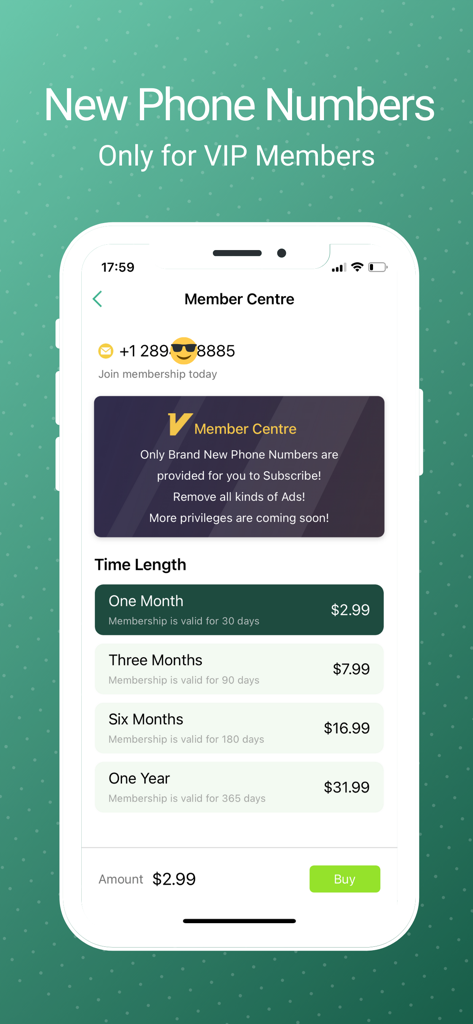 WeTalk Pro app screen showing subscription plans for VIP membership and a second phone number