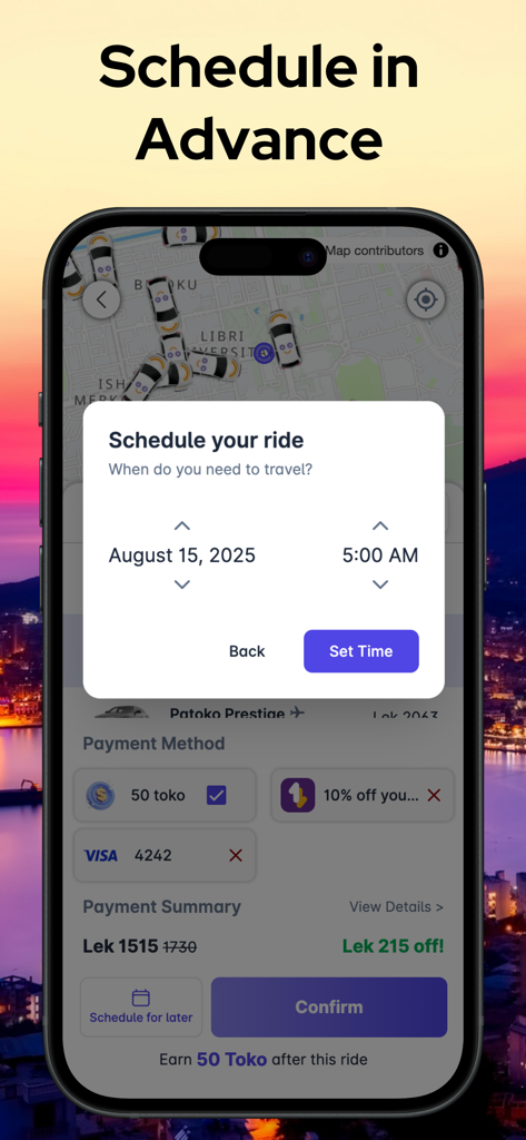 날짜 및 시간 선택 기능으로 미리 차량을 예약하는 Patoko 앱의 스마트폰 인터페이스